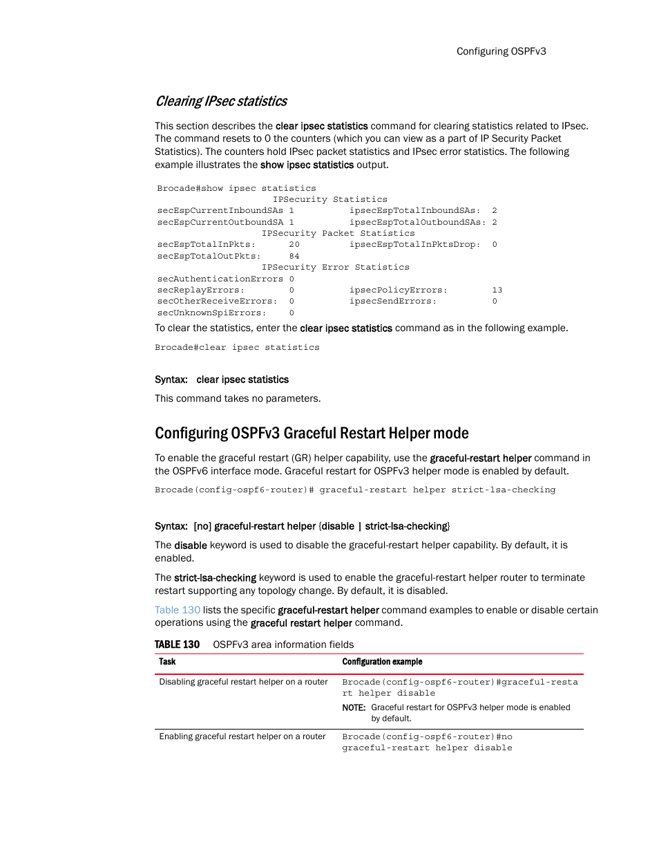 Configuring ospfv3 graceful restart helper mode, Clearing ipsec statistics | Brocade Multi-Service IronWare Routing Configuration Guide (Supporting R05.6.00) User Manual | Page 693 / 846