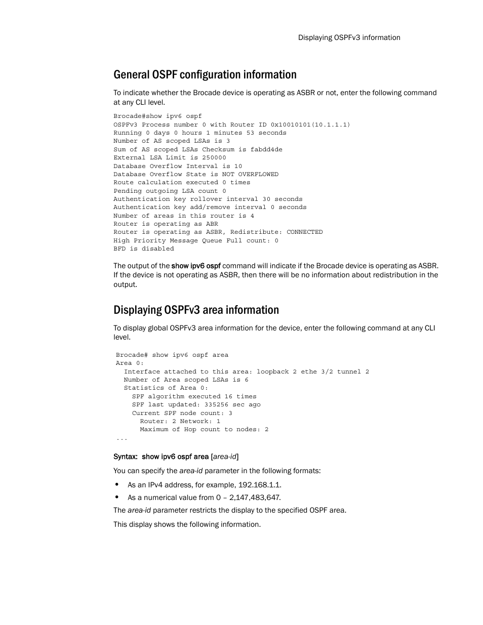 General ospf configuration information, Displaying ospfv3 area information | Brocade Multi-Service IronWare Routing Configuration Guide (Supporting R05.6.00) User Manual | Page 697 / 846