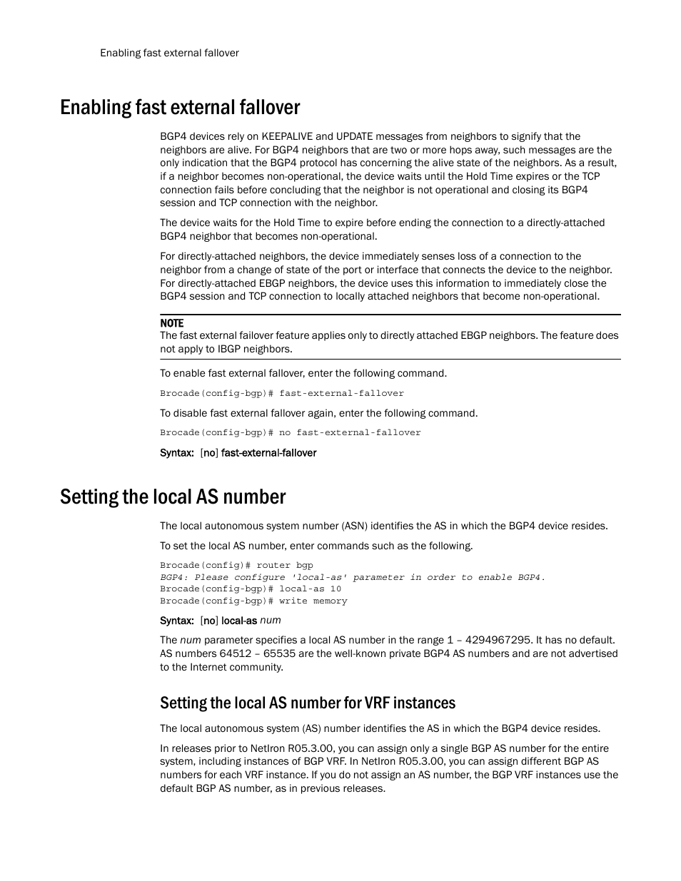 Enabling fast external fallover, Setting the local as number, Setting the local as number for vrf instances | Brocade Multi-Service IronWare Routing Configuration Guide (Supporting R05.6.00) User Manual | Page 70 / 846