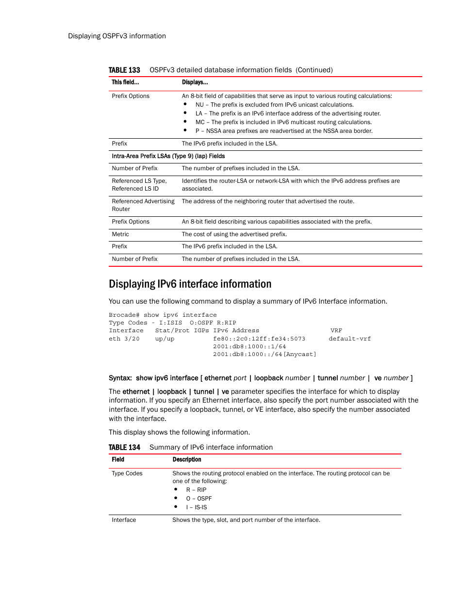 Displaying ipv6 interface information | Brocade Multi-Service IronWare Routing Configuration Guide (Supporting R05.6.00) User Manual | Page 704 / 846