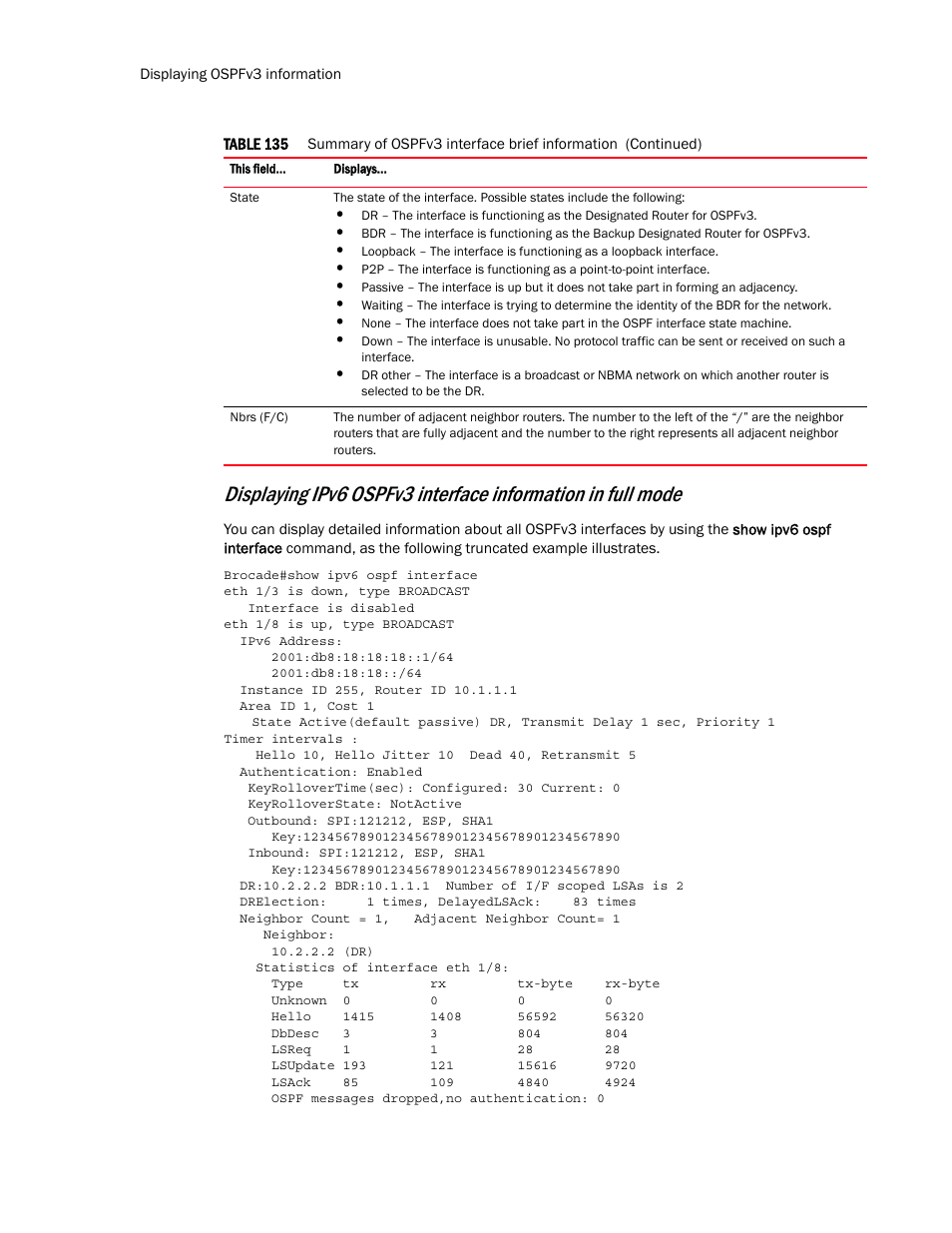 Displaying ipv6 ospfv3 interface, Information in full mode | Brocade Multi-Service IronWare Routing Configuration Guide (Supporting R05.6.00) User Manual | Page 706 / 846