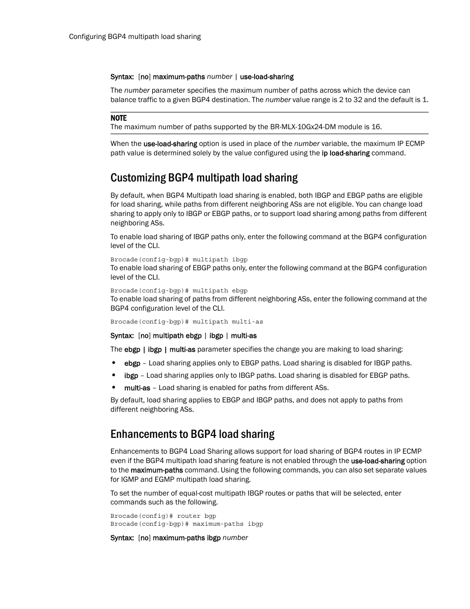 Customizing bgp4 multipath load sharing, Enhancements to bgp4 load sharing | Brocade Multi-Service IronWare Routing Configuration Guide (Supporting R05.6.00) User Manual | Page 72 / 846