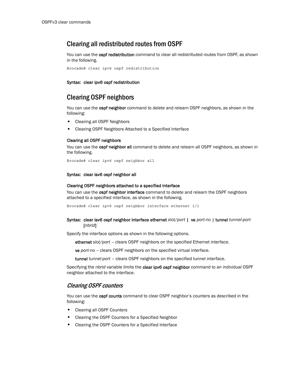 Clearing all redistributed routes from ospf, Clearing ospf neighbors, Clearing ospf counters | Brocade Multi-Service IronWare Routing Configuration Guide (Supporting R05.6.00) User Manual | Page 732 / 846