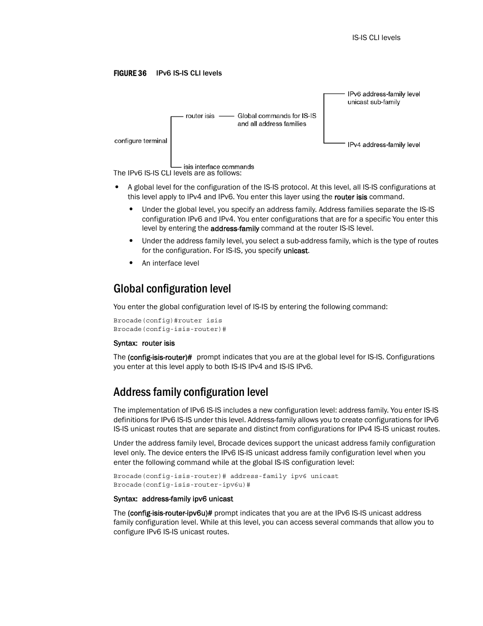 Global configuration level, Address family configuration level, Figure 36 | Diagrams | Brocade Multi-Service IronWare Routing Configuration Guide (Supporting R05.6.00) User Manual | Page 739 / 846