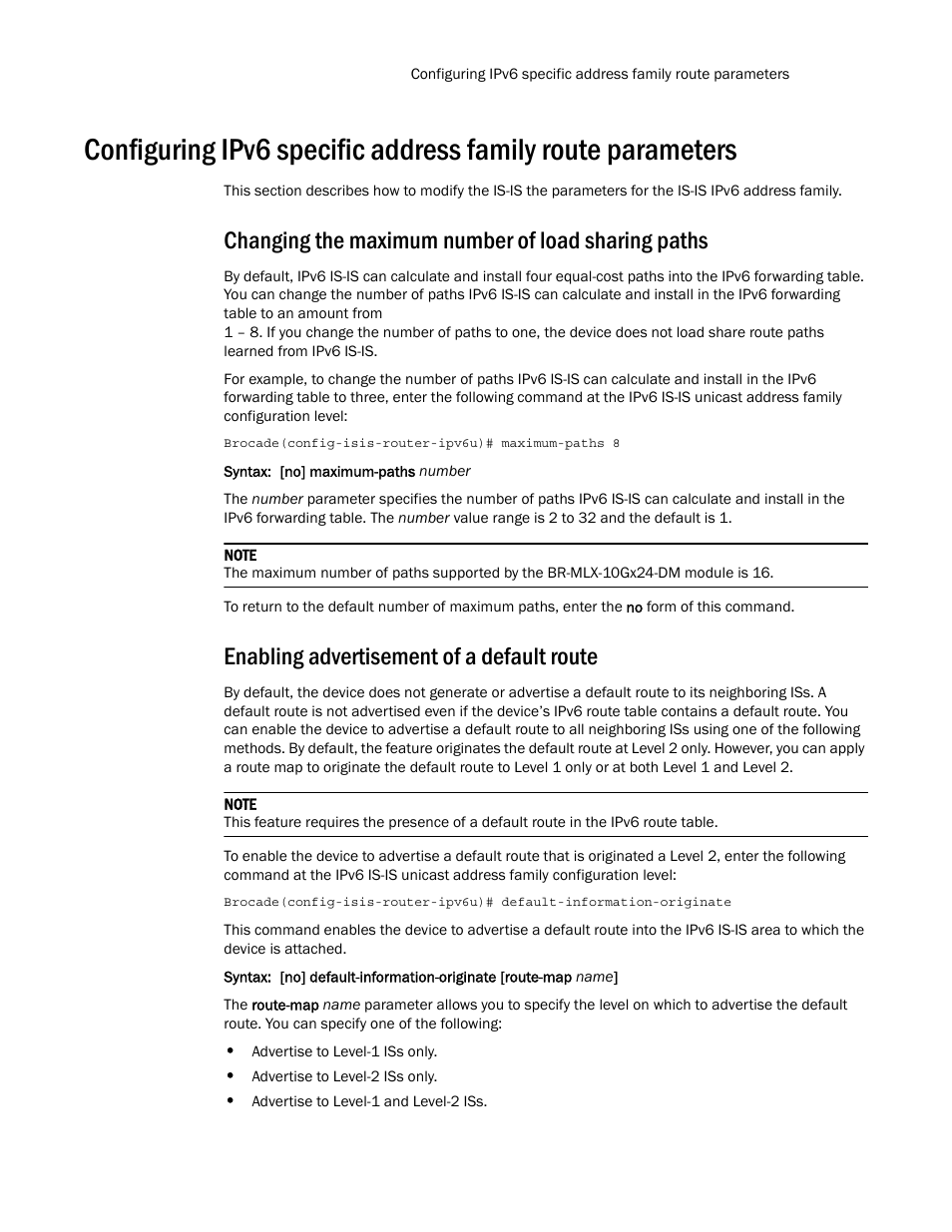 Changing the maximum number of load sharing paths, Enabling advertisement of a default route | Brocade Multi-Service IronWare Routing Configuration Guide (Supporting R05.6.00) User Manual | Page 743 / 846
