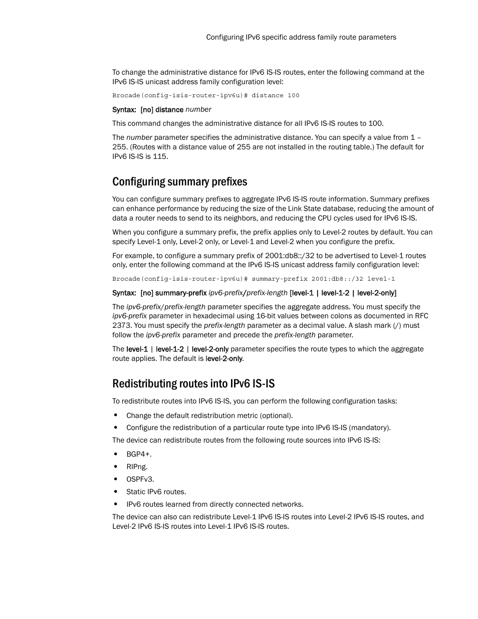 Configuring summary prefixes, Redistributing routes into ipv6 is-is | Brocade Multi-Service IronWare Routing Configuration Guide (Supporting R05.6.00) User Manual | Page 745 / 846