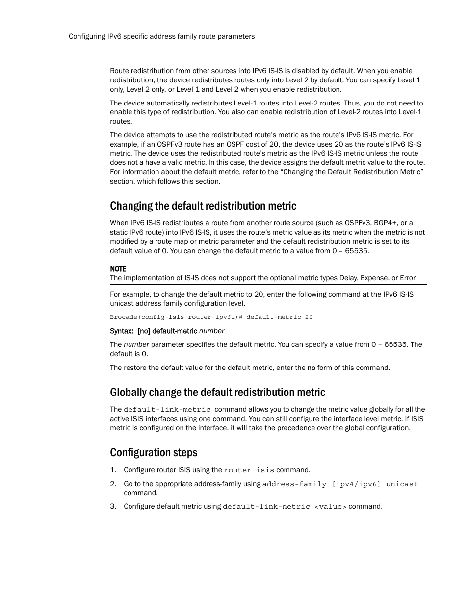 Changing the default redistribution metric, Globally change the default redistribution metric, Configuration steps | Brocade Multi-Service IronWare Routing Configuration Guide (Supporting R05.6.00) User Manual | Page 746 / 846