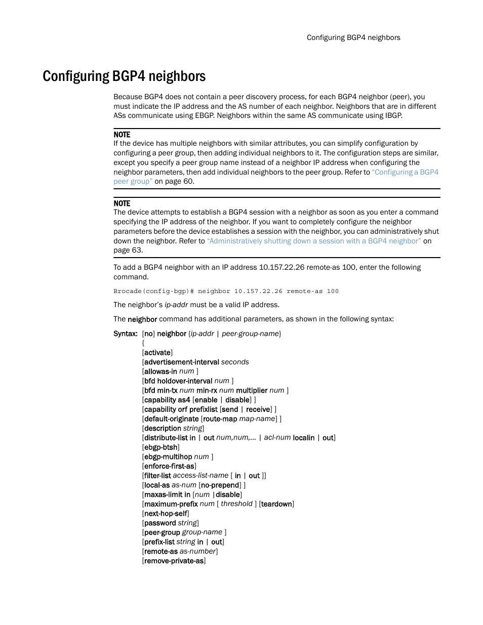 Configuring bgp4 neighbors, Configuring bgp4, Neighbors | Brocade Multi-Service IronWare Routing Configuration Guide (Supporting R05.6.00) User Manual | Page 75 / 846