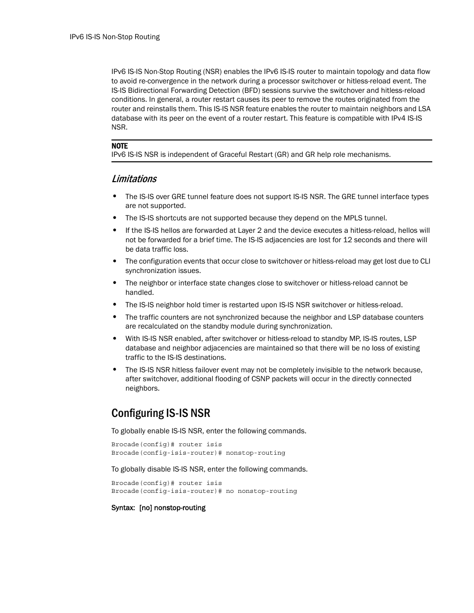 Configuring is-is nsr, Limitations | Brocade Multi-Service IronWare Routing Configuration Guide (Supporting R05.6.00) User Manual | Page 752 / 846