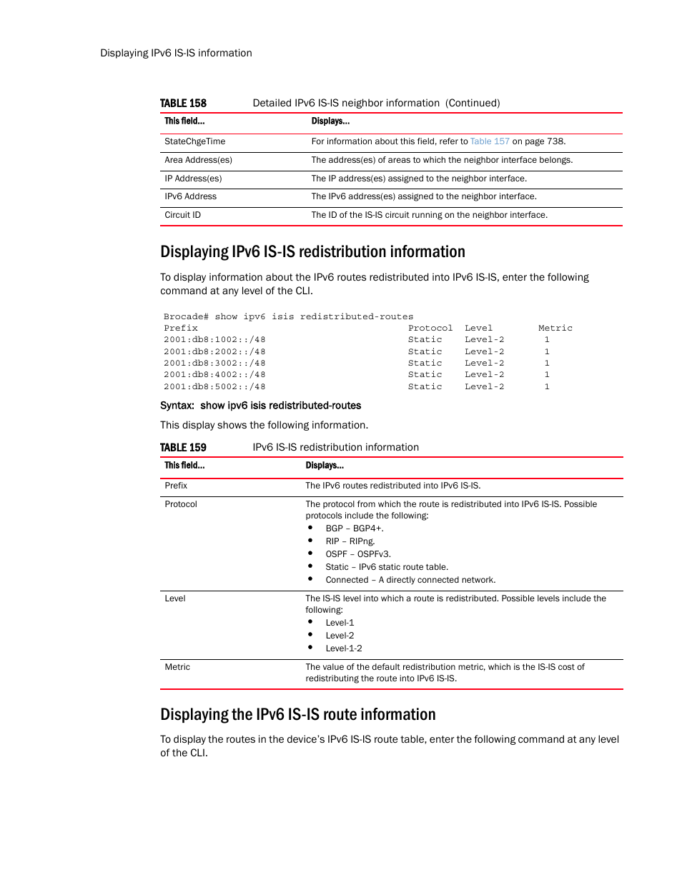 Displaying ipv6 is-is redistribution information, Displaying the ipv6 is-is route information | Brocade Multi-Service IronWare Routing Configuration Guide (Supporting R05.6.00) User Manual | Page 768 / 846