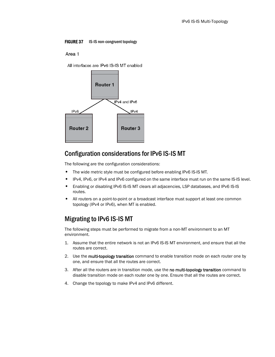 Configuration considerations for ipv6 is-is mt, Migrating to ipv6 is-is mt | Brocade Multi-Service IronWare Routing Configuration Guide (Supporting R05.6.00) User Manual | Page 771 / 846