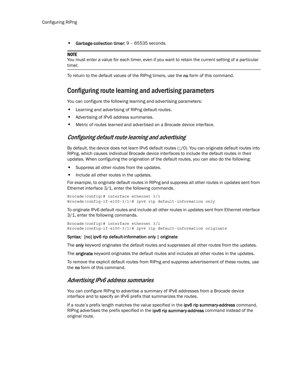 Configuring default route learning and advertising, Advertising ipv6 address summaries | Brocade Multi-Service IronWare Routing Configuration Guide (Supporting R05.6.00) User Manual | Page 780 / 846