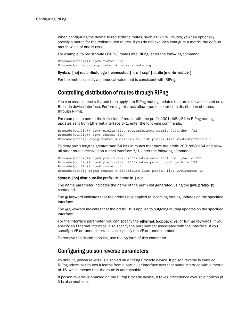 Controlling distribution of routes through ripng, Configuring poison reverse parameters | Brocade Multi-Service IronWare Routing Configuration Guide (Supporting R05.6.00) User Manual | Page 782 / 846