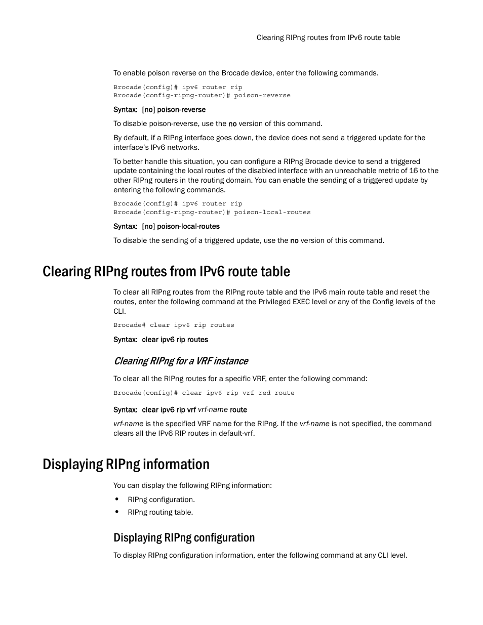 Clearing ripng routes from ipv6 route table, Displaying ripng information, Displaying ripng configuration | Clearing ripng for a vrf instance | Brocade Multi-Service IronWare Routing Configuration Guide (Supporting R05.6.00) User Manual | Page 783 / 846