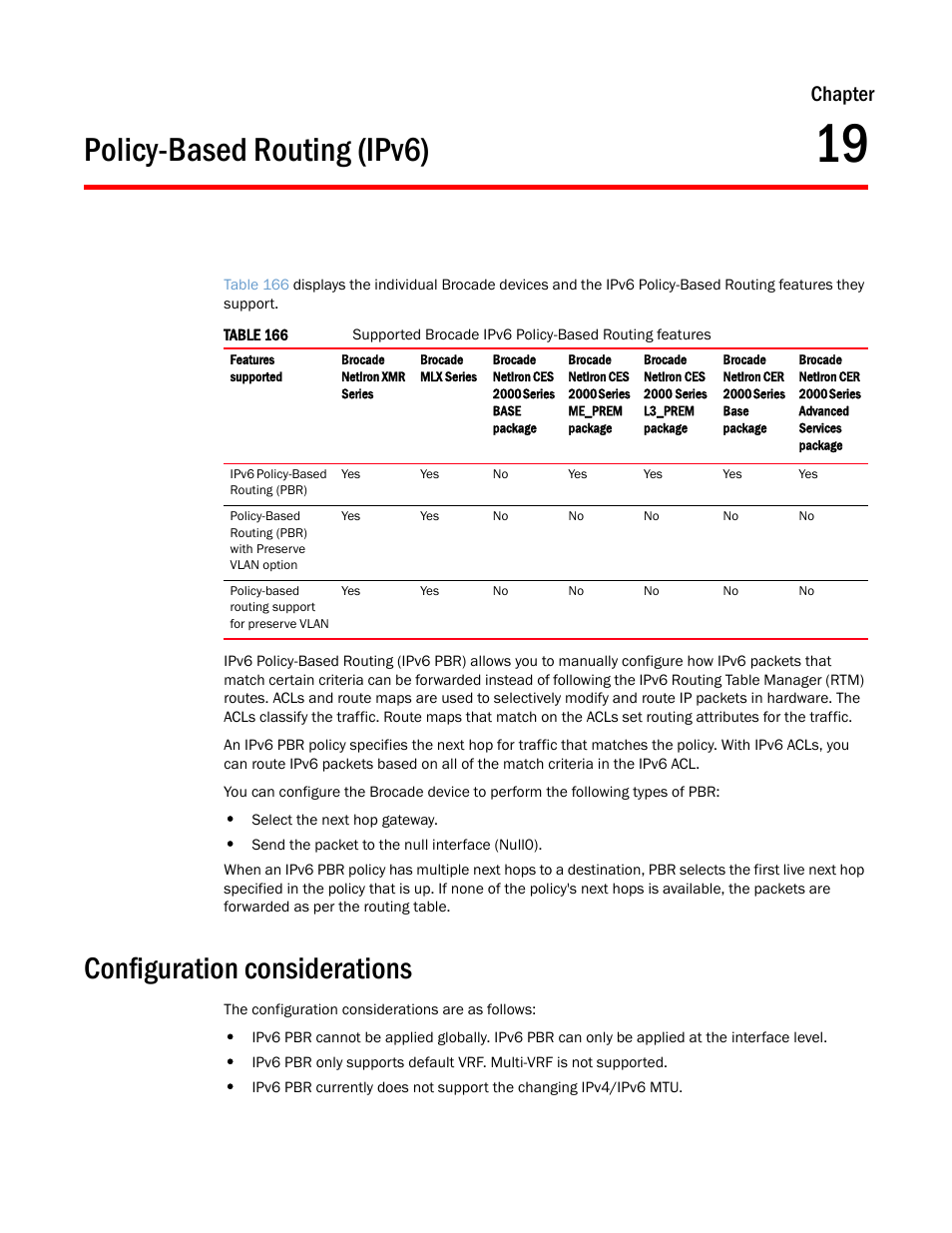 Policy-based routing (ipv6), Configuration considerations, Chapter 19 | Chapter | Brocade Multi-Service IronWare Routing Configuration Guide (Supporting R05.6.00) User Manual | Page 787 / 846