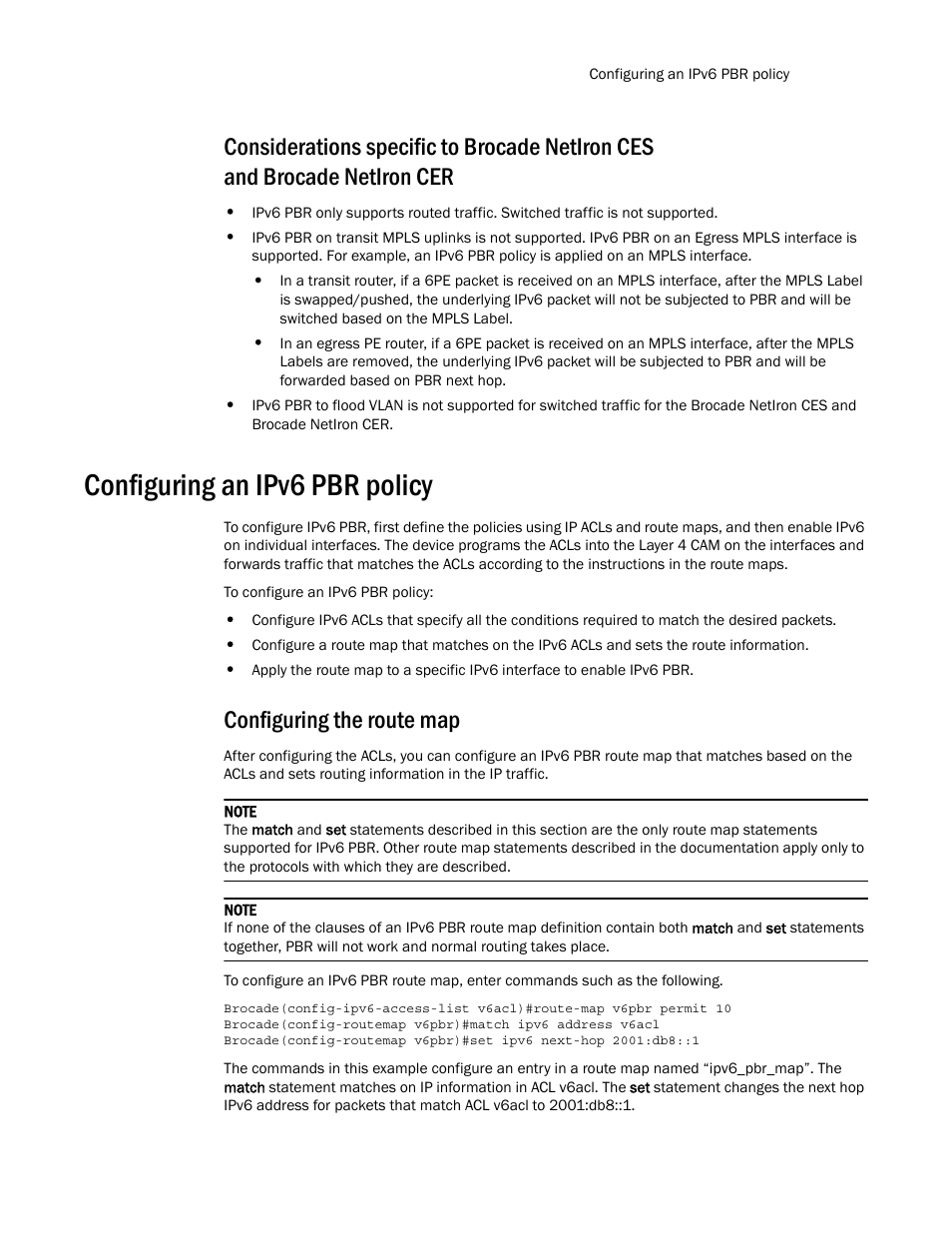 Configuring an ipv6 pbr policy, Configuring the route map | Brocade Multi-Service IronWare Routing Configuration Guide (Supporting R05.6.00) User Manual | Page 789 / 846