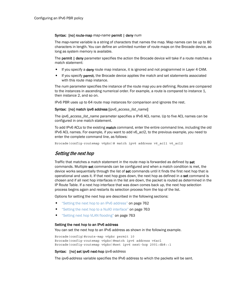 Setting the next hop | Brocade Multi-Service IronWare Routing Configuration Guide (Supporting R05.6.00) User Manual | Page 790 / 846
