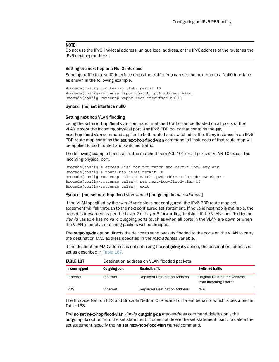 Setting the next hop to a null0 interface, Setting next hop vlan flooding | Brocade Multi-Service IronWare Routing Configuration Guide (Supporting R05.6.00) User Manual | Page 791 / 846