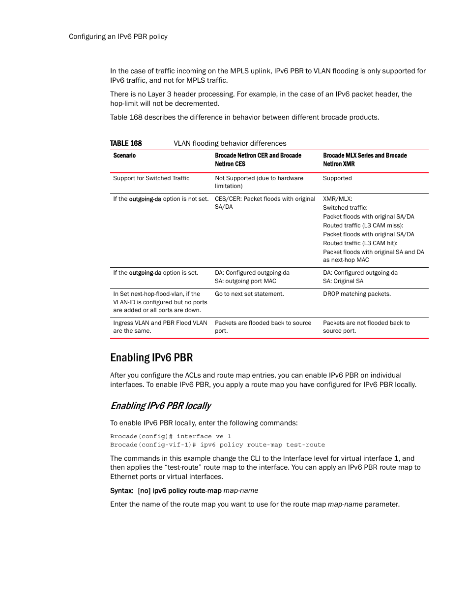 Enabling ipv6 pbr, Table 168, Enabling ipv6 pbr locally | Brocade Multi-Service IronWare Routing Configuration Guide (Supporting R05.6.00) User Manual | Page 792 / 846