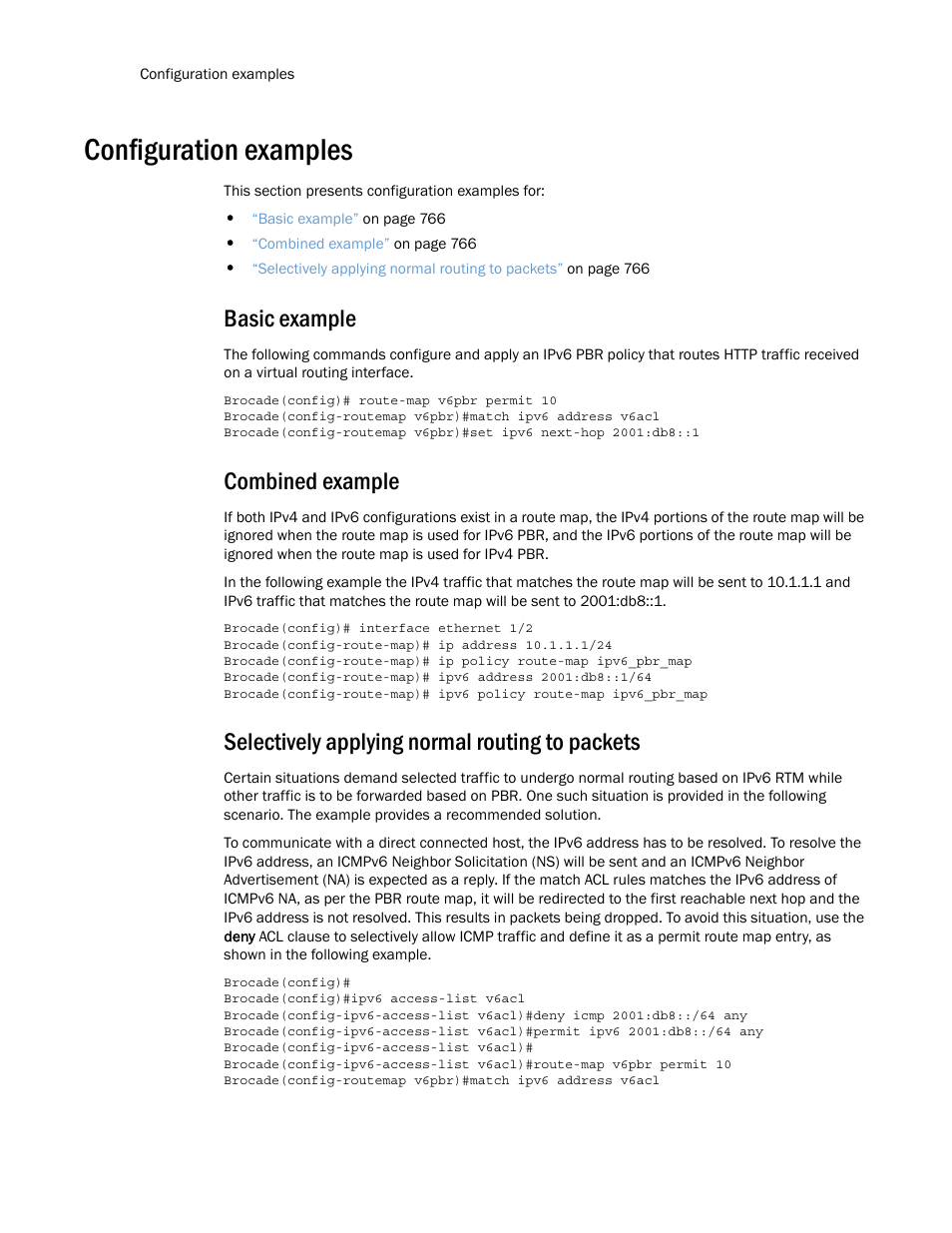 Configuration examples, Basic example, Combined example | Selectively applying normal routing to packets | Brocade Multi-Service IronWare Routing Configuration Guide (Supporting R05.6.00) User Manual | Page 794 / 846