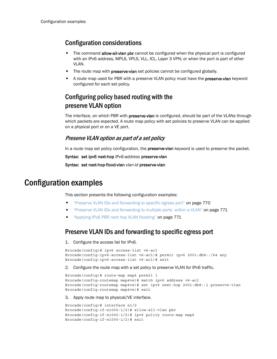 Configuration considerations, Configuration examples, Preserve vlan option as part of a set policy | Brocade Multi-Service IronWare Routing Configuration Guide (Supporting R05.6.00) User Manual | Page 798 / 846