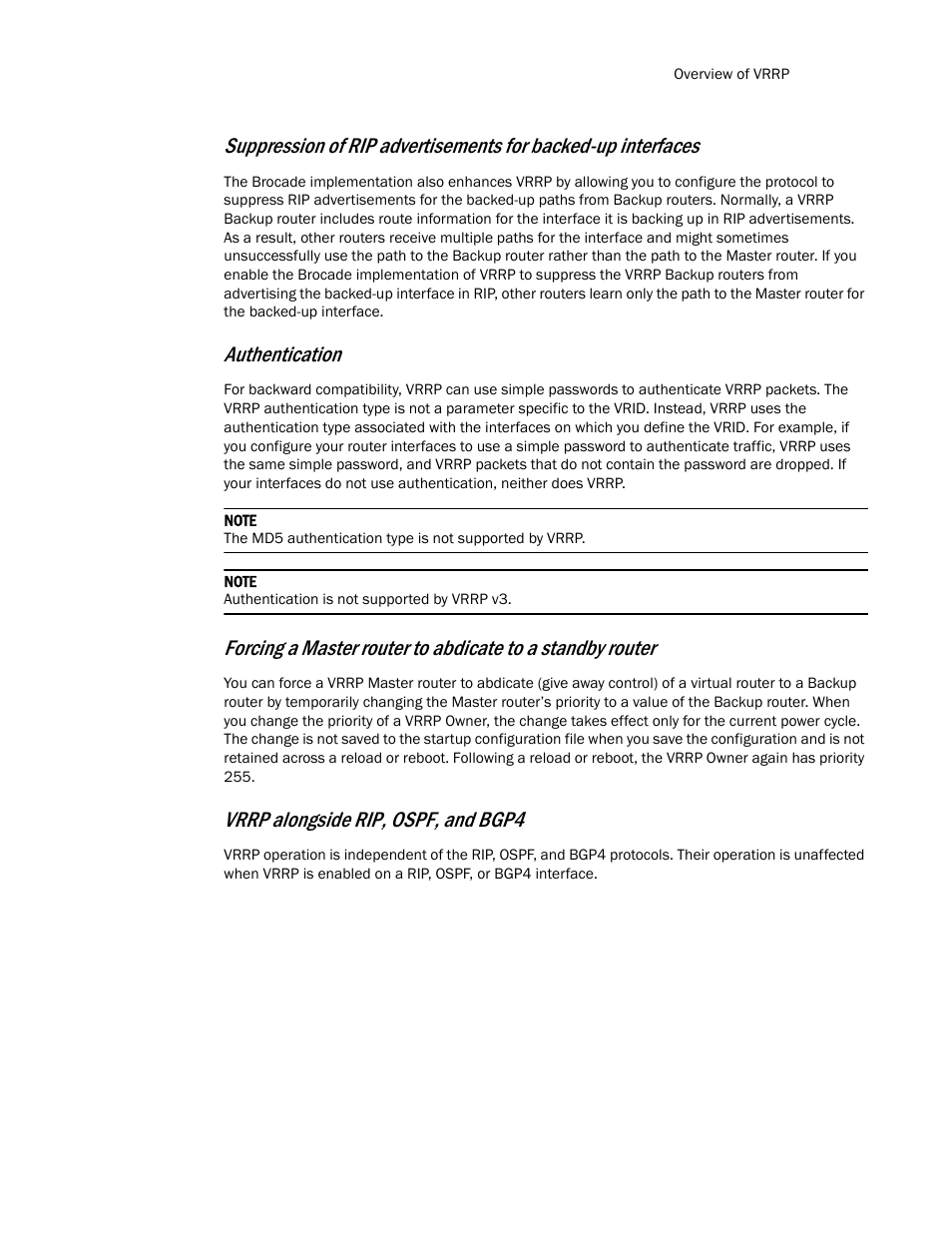 Authentication, Vrrp alongside rip, ospf, and bgp4 | Brocade Multi-Service IronWare Routing Configuration Guide (Supporting R05.6.00) User Manual | Page 809 / 846