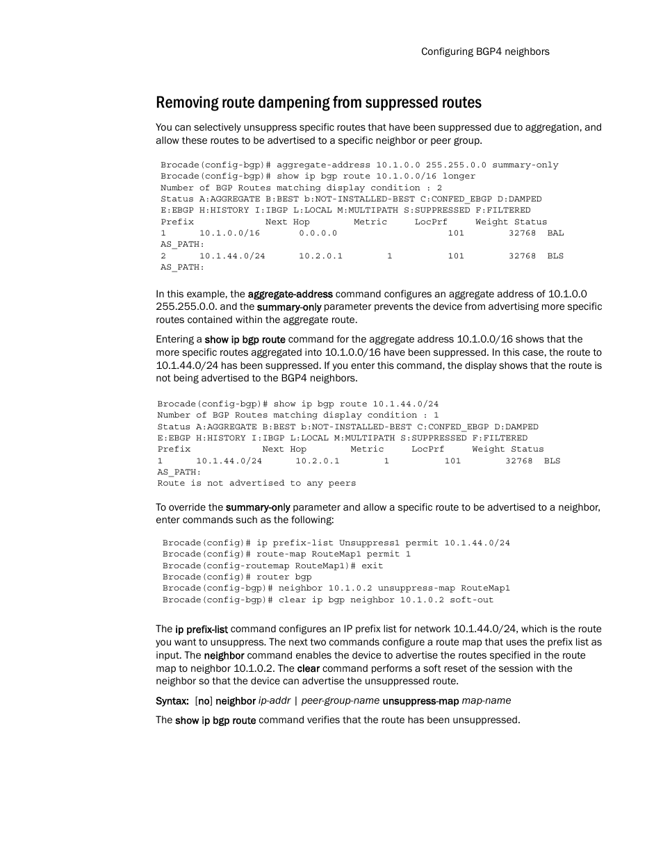 Removing route dampening from suppressed routes, Removing route dampening from suppressed, Routes | Brocade Multi-Service IronWare Routing Configuration Guide (Supporting R05.6.00) User Manual | Page 81 / 846
