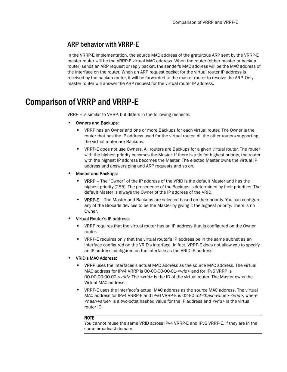Arp behavior with vrrp-e, Comparison of vrrp and vrrp-e | Brocade Multi-Service IronWare Routing Configuration Guide (Supporting R05.6.00) User Manual | Page 811 / 846