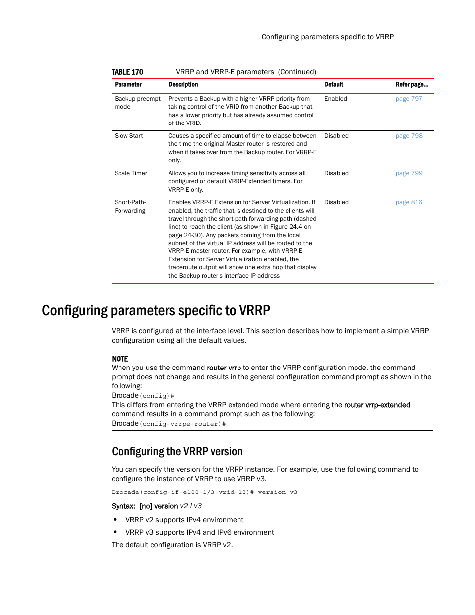Configuring parameters specific to vrrp, Configuring the vrrp version | Brocade Multi-Service IronWare Routing Configuration Guide (Supporting R05.6.00) User Manual | Page 815 / 846