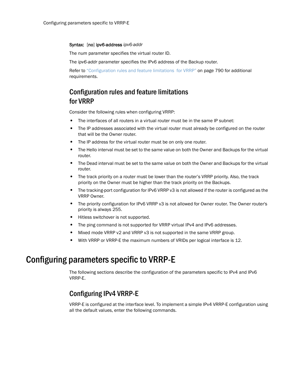 Configuring parameters specific to vrrp-e, Configuring ipv4 vrrp-e | Brocade Multi-Service IronWare Routing Configuration Guide (Supporting R05.6.00) User Manual | Page 818 / 846