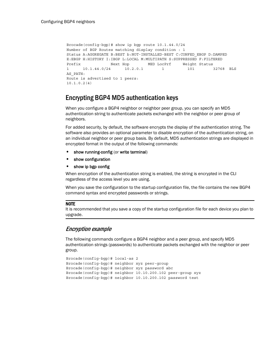 Encrypting bgp4 md5 authentication keys, Encryption example | Brocade Multi-Service IronWare Routing Configuration Guide (Supporting R05.6.00) User Manual | Page 82 / 846