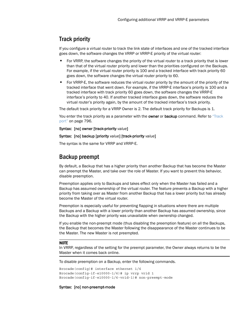 Track priority, Backup preempt | Brocade Multi-Service IronWare Routing Configuration Guide (Supporting R05.6.00) User Manual | Page 825 / 846