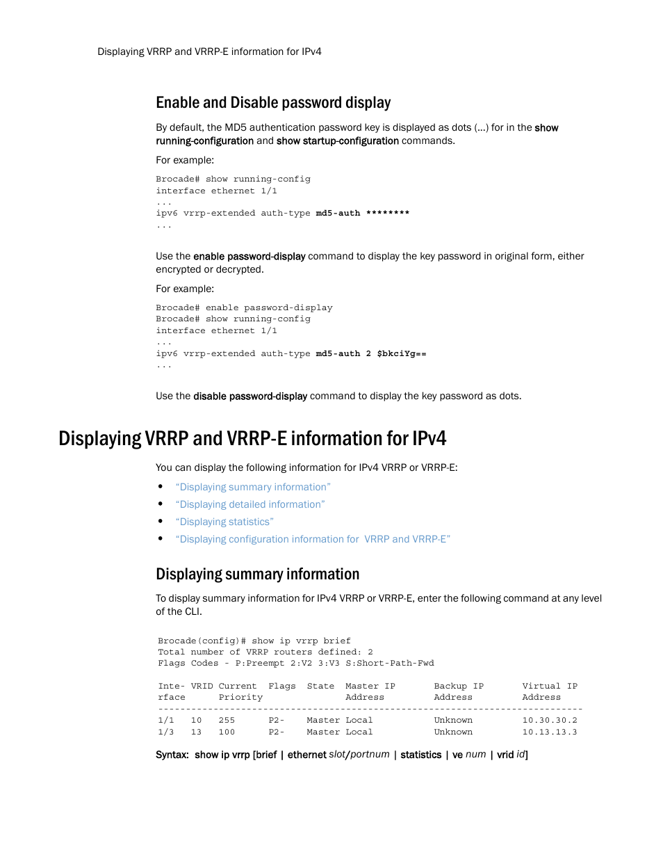 Enable and disable password display, Displaying vrrp and vrrp-e information for ipv4, Displaying summary information | Brocade Multi-Service IronWare Routing Configuration Guide (Supporting R05.6.00) User Manual | Page 828 / 846