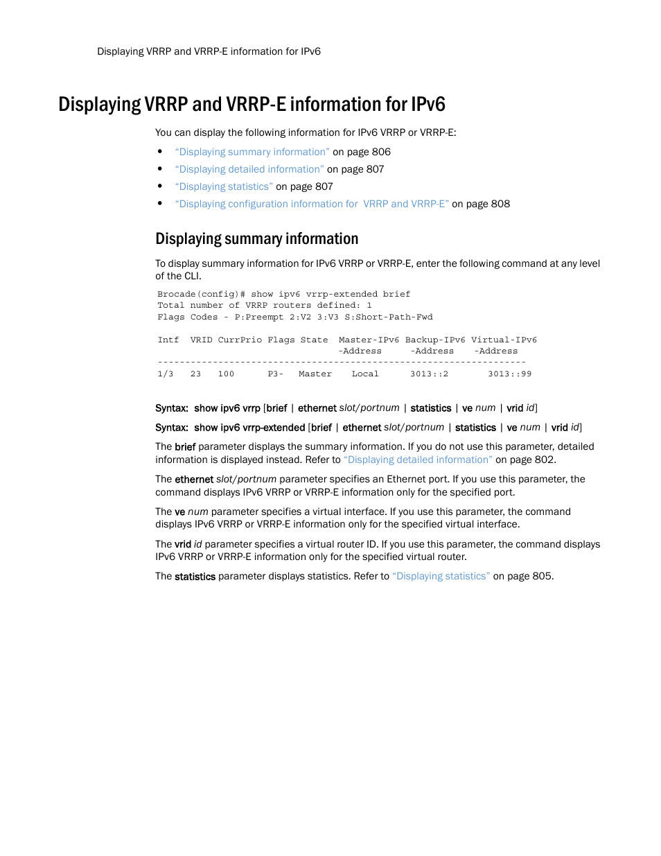 Displaying vrrp and vrrp-e information for ipv6, Displaying summary information | Brocade Multi-Service IronWare Routing Configuration Guide (Supporting R05.6.00) User Manual | Page 834 / 846