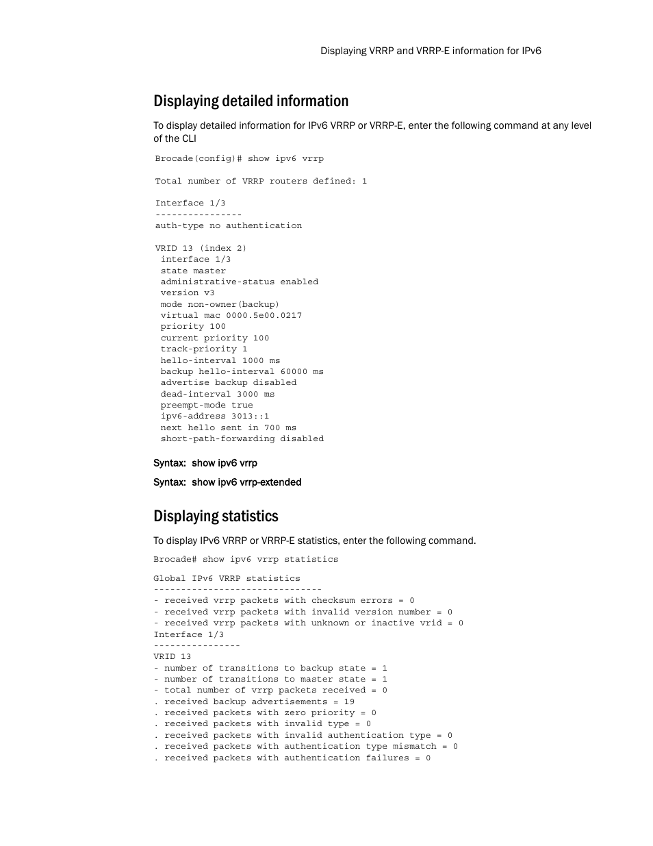 Displaying detailed information, Displaying statistics | Brocade Multi-Service IronWare Routing Configuration Guide (Supporting R05.6.00) User Manual | Page 835 / 846