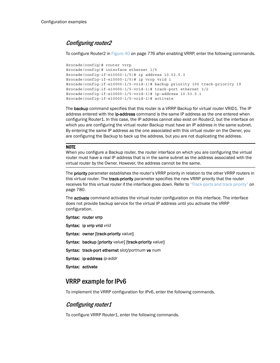 Vrrp example for ipv6, Configuring router2, Configuring router1 | Brocade Multi-Service IronWare Routing Configuration Guide (Supporting R05.6.00) User Manual | Page 838 / 846