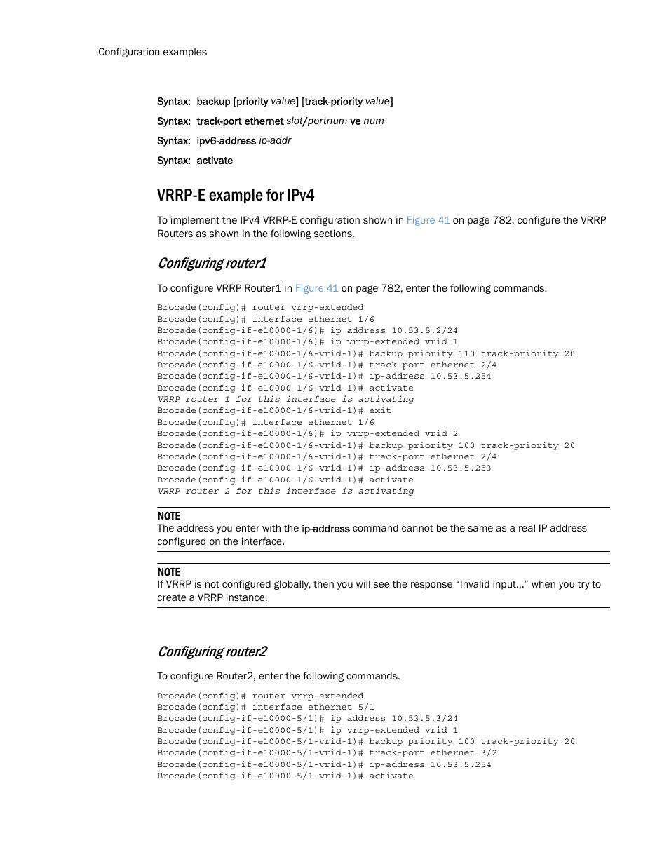 Vrrp-e example for ipv4, Configuring router1, Configuring router2 | Brocade Multi-Service IronWare Routing Configuration Guide (Supporting R05.6.00) User Manual | Page 840 / 846
