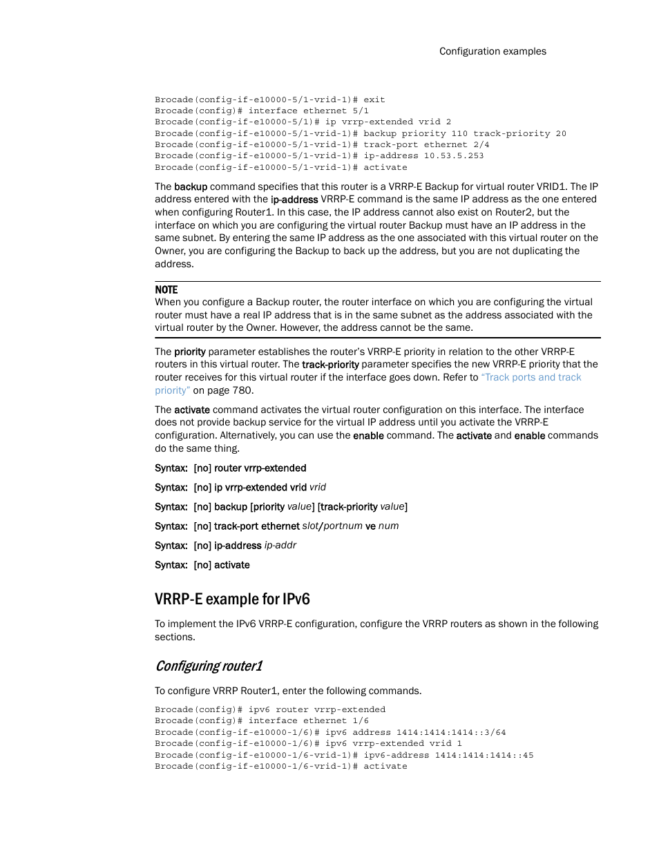 Vrrp-e example for ipv6, Configuring router1 | Brocade Multi-Service IronWare Routing Configuration Guide (Supporting R05.6.00) User Manual | Page 841 / 846