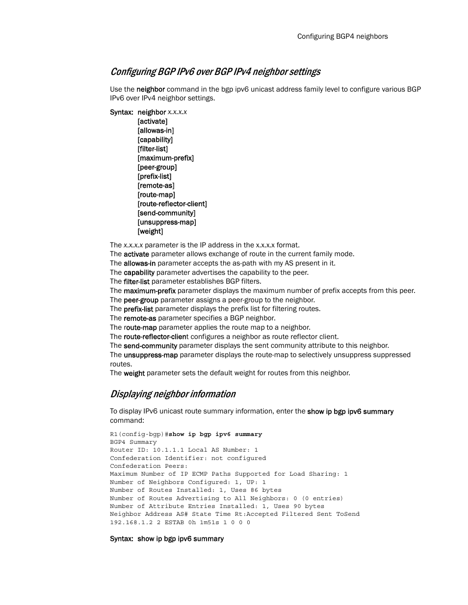 Displaying neighbor information | Brocade Multi-Service IronWare Routing Configuration Guide (Supporting R05.6.00) User Manual | Page 85 / 846