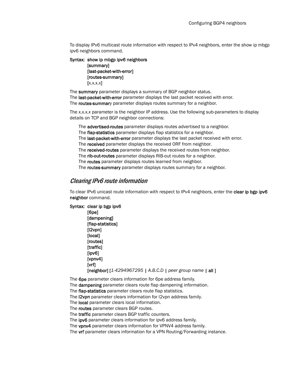 Clearing ipv6 route information | Brocade Multi-Service IronWare Routing Configuration Guide (Supporting R05.6.00) User Manual | Page 87 / 846