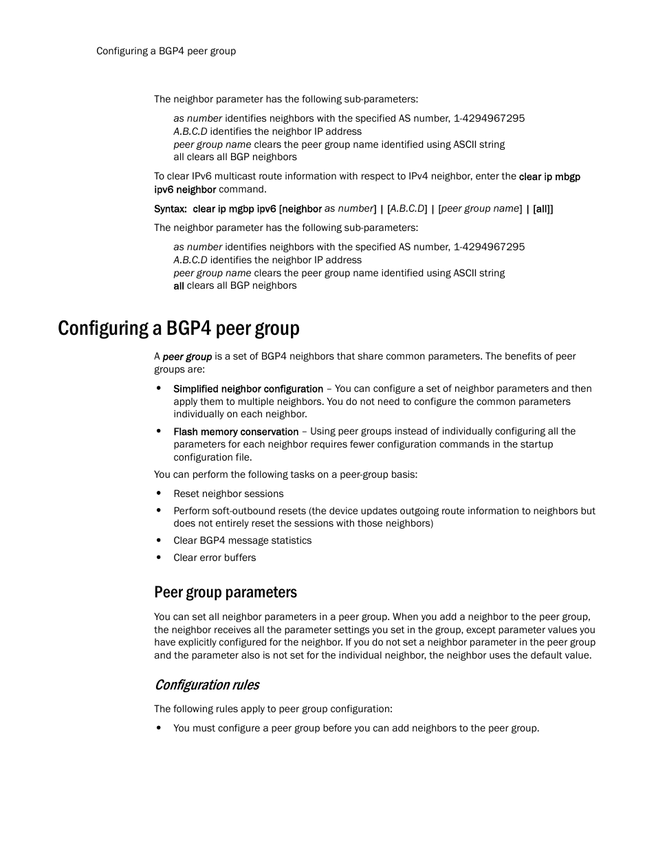 Configuring a bgp4 peer group, Peer group parameters, Configuring | A bgp4 peer group, Configuring a bgp4, Peer group, Configuration rules | Brocade Multi-Service IronWare Routing Configuration Guide (Supporting R05.6.00) User Manual | Page 88 / 846