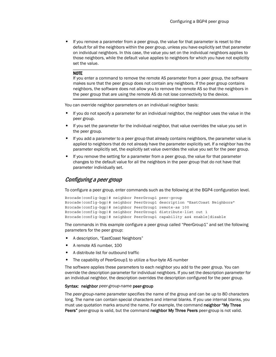 Configuring a peer group | Brocade Multi-Service IronWare Routing Configuration Guide (Supporting R05.6.00) User Manual | Page 89 / 846