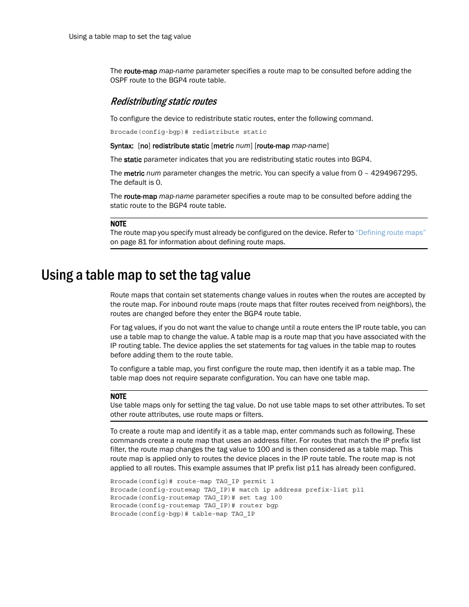 Using a table map to set the tag value, Redistributing static routes | Brocade Multi-Service IronWare Routing Configuration Guide (Supporting R05.6.00) User Manual | Page 98 / 846