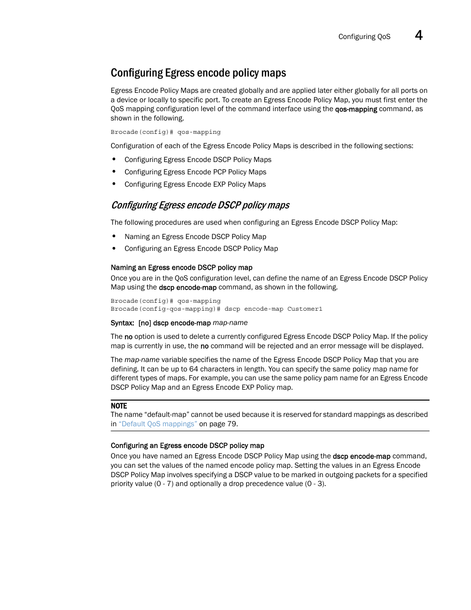 Configuring egress encode policy maps, Configuring egress encode dscp policy maps | Brocade Multi-Service IronWare QoS and Traffic Management Configuration Guide (Supporting R05.6.00) User Manual | Page 113 / 226