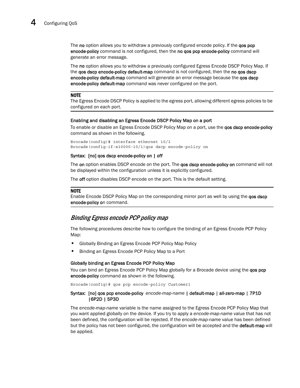 Binding egress encode pcp policy map | Brocade Multi-Service IronWare QoS and Traffic Management Configuration Guide (Supporting R05.6.00) User Manual | Page 118 / 226