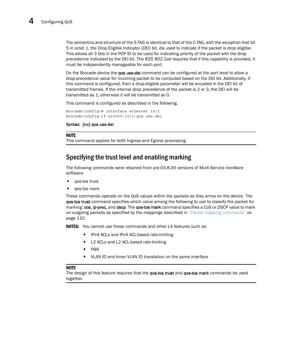 Specifying the trust level and enabling marking, Specifying the trust, Level and enabling marking | Specifying the, Trust level and enabling marking | Brocade Multi-Service IronWare QoS and Traffic Management Configuration Guide (Supporting R05.6.00) User Manual | Page 122 / 226