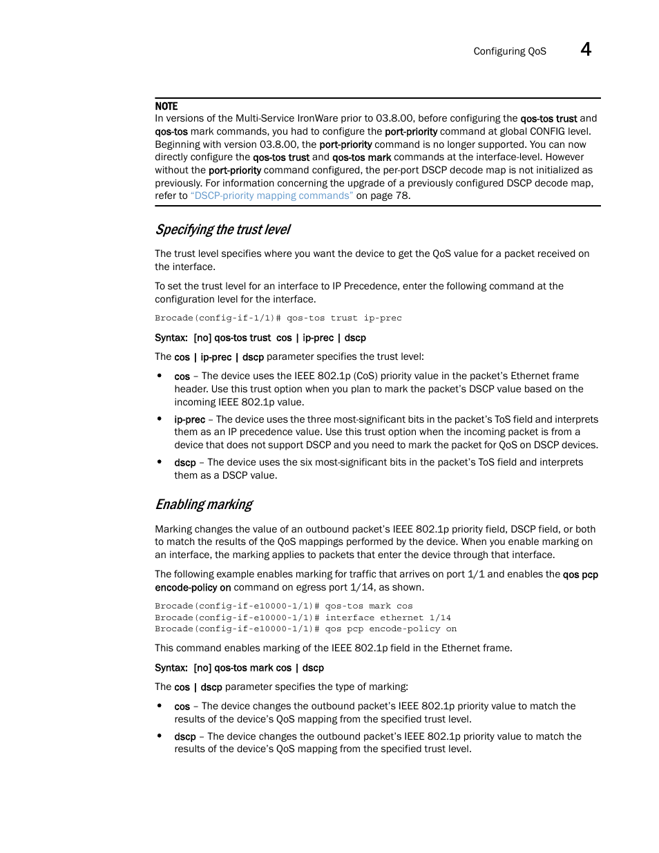 Specifying the trust level, Enabling marking | Brocade Multi-Service IronWare QoS and Traffic Management Configuration Guide (Supporting R05.6.00) User Manual | Page 123 / 226