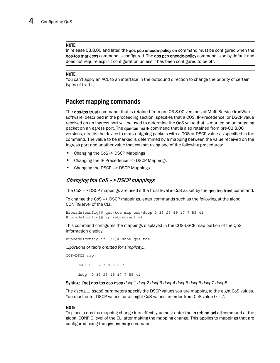 Packet mapping commands, Changing the cos –> dscp mappings | Brocade Multi-Service IronWare QoS and Traffic Management Configuration Guide (Supporting R05.6.00) User Manual | Page 124 / 226