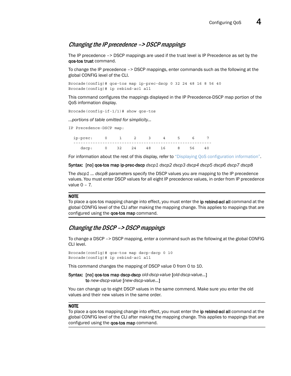 Changing the ip precedence –> dscp mappings, Changing the dscp –> dscp mappings | Brocade Multi-Service IronWare QoS and Traffic Management Configuration Guide (Supporting R05.6.00) User Manual | Page 125 / 226