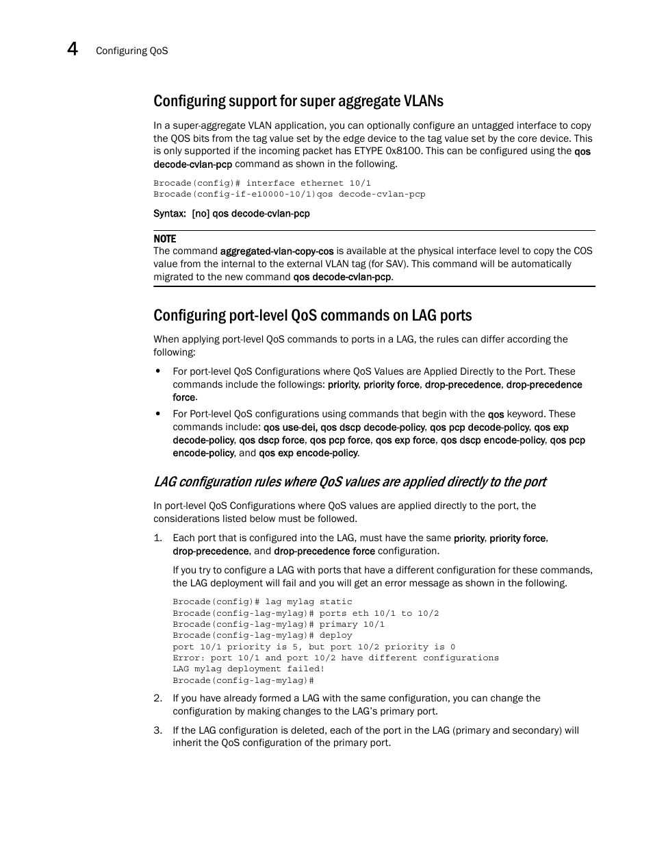 Configuring support for super aggregate vlans, Configuring port-level qos commands on lag ports | Brocade Multi-Service IronWare QoS and Traffic Management Configuration Guide (Supporting R05.6.00) User Manual | Page 126 / 226